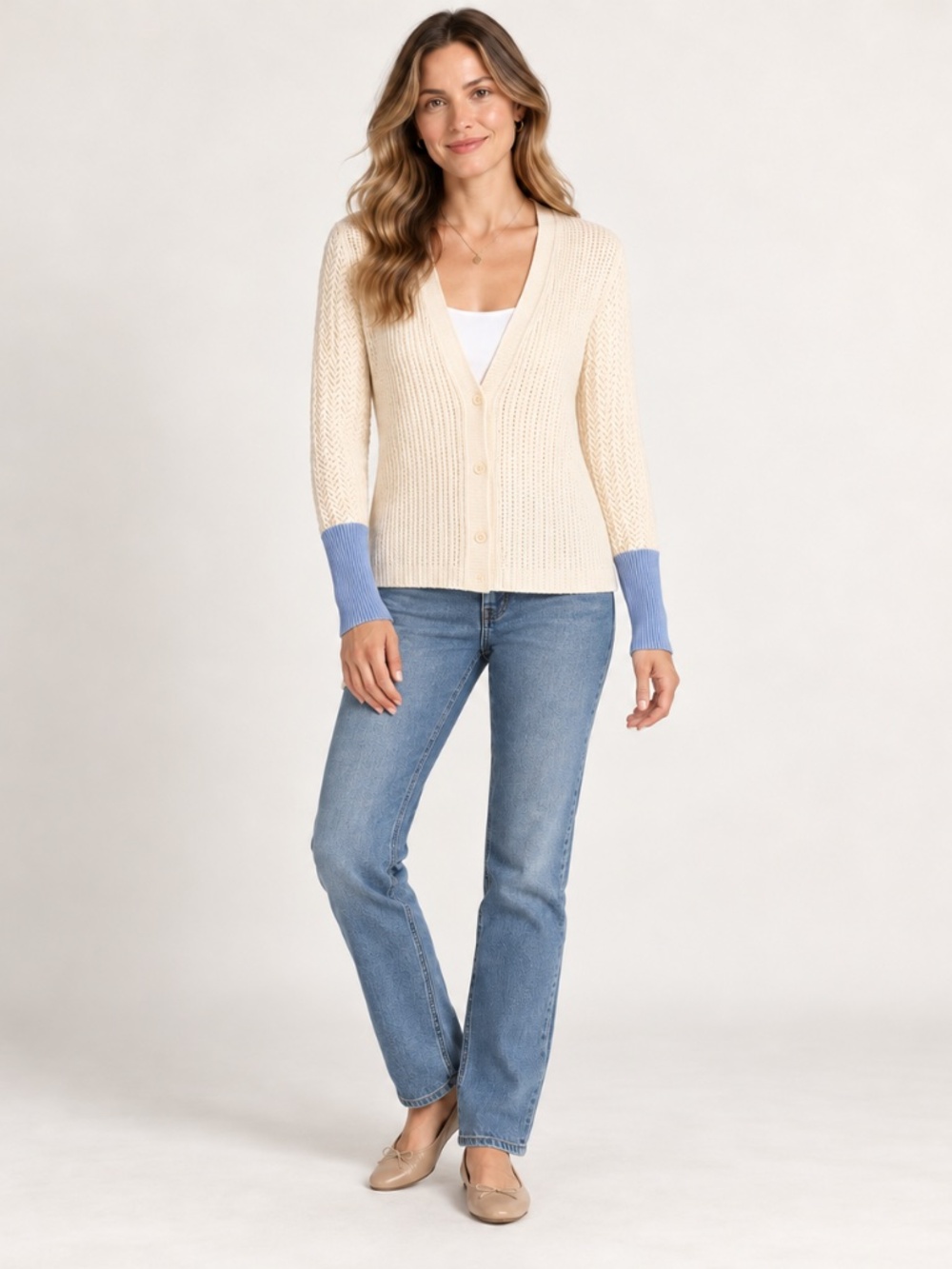 M.PATMOS Cardigan Women's S Cream Blue Merino Wool Open Knit Colorblock Sweater